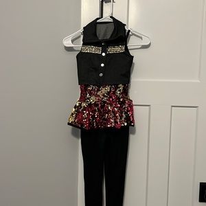 Girls red/gold dance costume with leggings & jacket, used once.